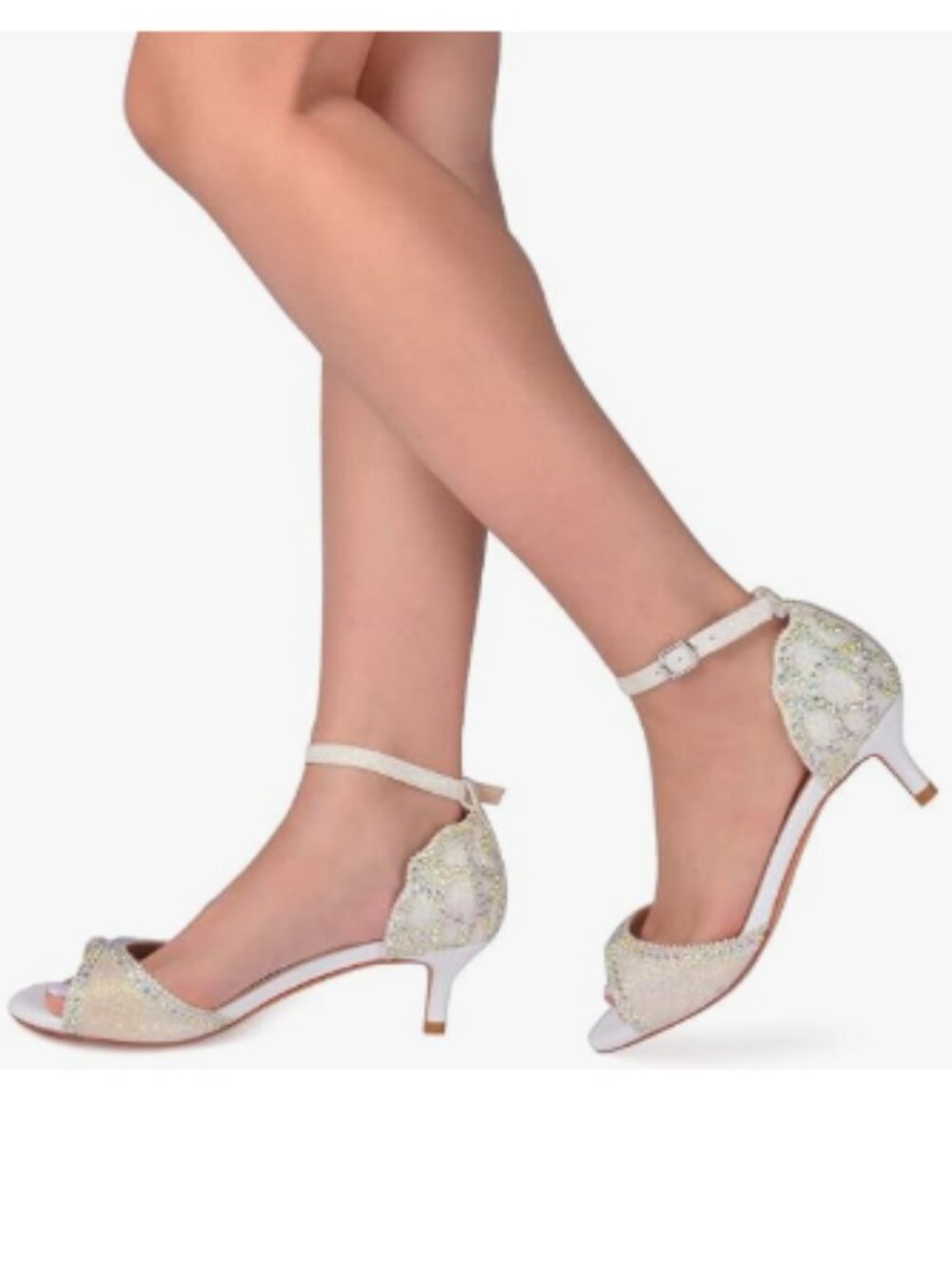 XYD White Glitter Peep Toe D'Orsay Kitten Heel Rhinestone Ankle Strap Sandals